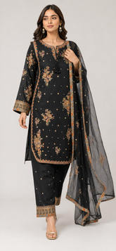 Midnight Black Embroidered Lawn 3-Piece Suit