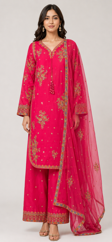 Hot Pink Embroidered Lawn 3-Piece Suit
