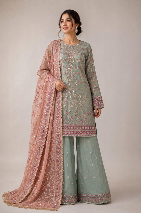 Elegant Khaddi Net 3-Piece Embroidered Suit