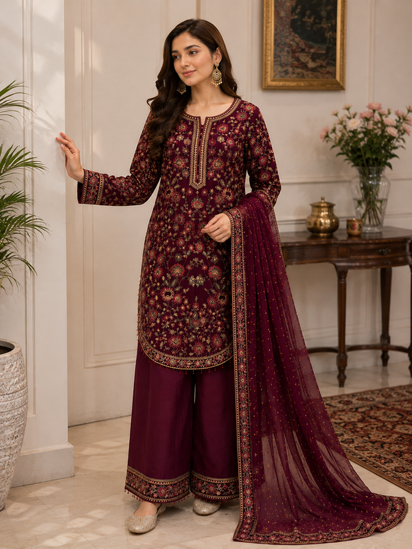 Luxury Chiffon Embroidered 3-Piece Suit – Maroon