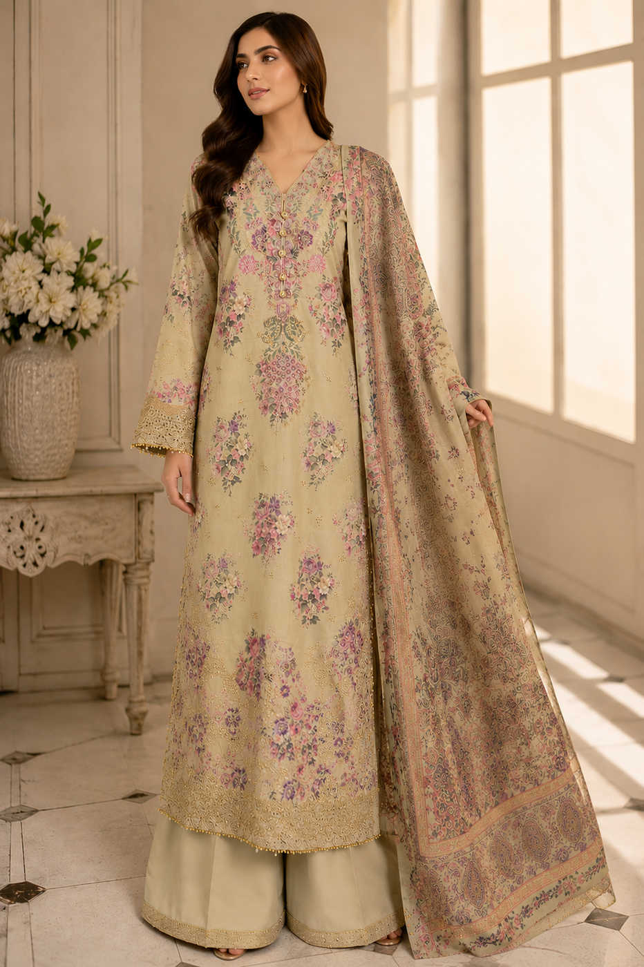 3-piece Ethnic Diamond Lawn Suit
