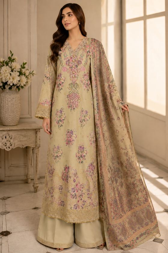 3-piece Ethnic Diamond Lawn Suit