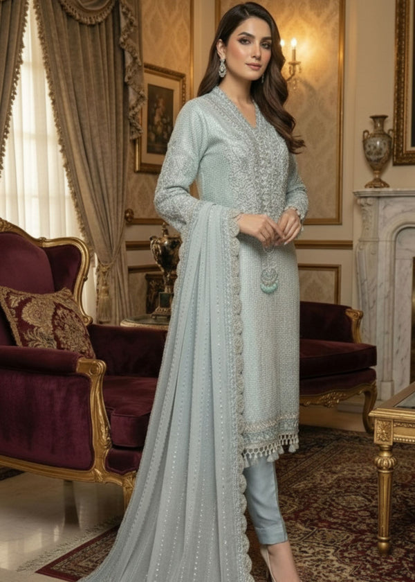chiffon kurta set in light blue featuring 3-piece design