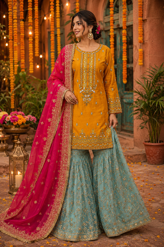 Mustard Mehndi Gharara Set