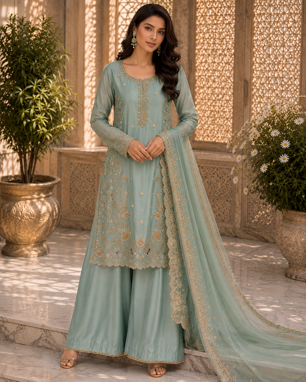 Mint Green Embroidered Silk 3-Piece Suit