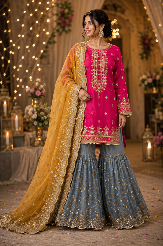 Hot Pink Mehndi Gharara Set