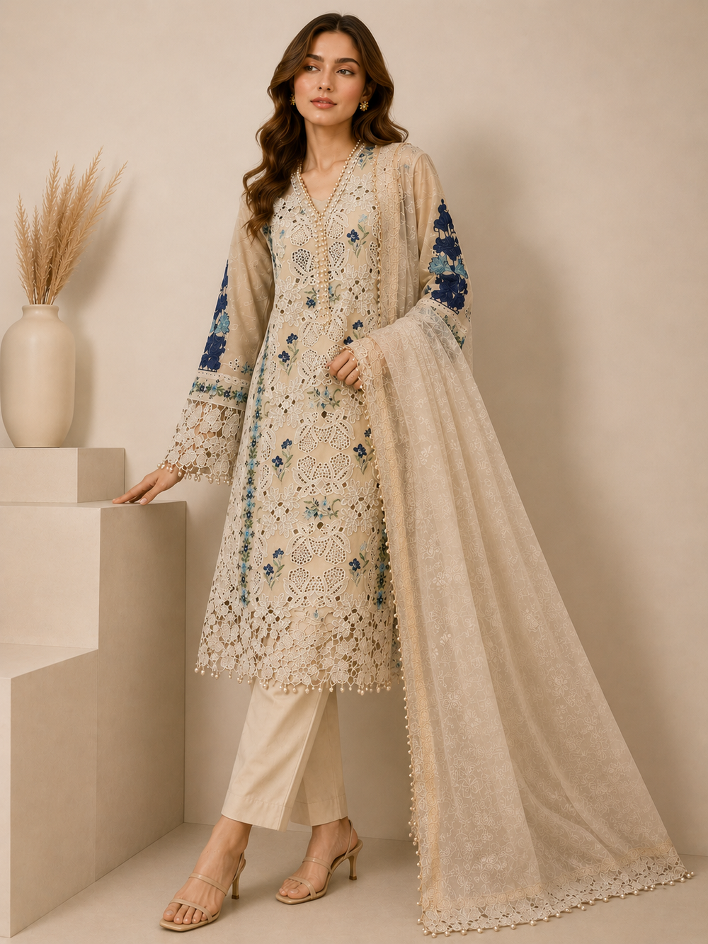 Elegant Ivory Cotton Lawn 3-Piece Suit