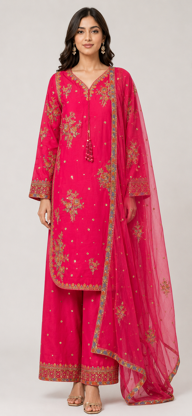 Hot Pink Embroidered Lawn 3-Piece Suit